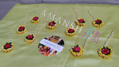 LAMANSH Floral 🌺 Giveaways Yellow-red / Set of 25 Maangtika's LAMANSH® ( Pack of 25 )Artificial Flower Maangtika's / Bridesmaid Giveaways set