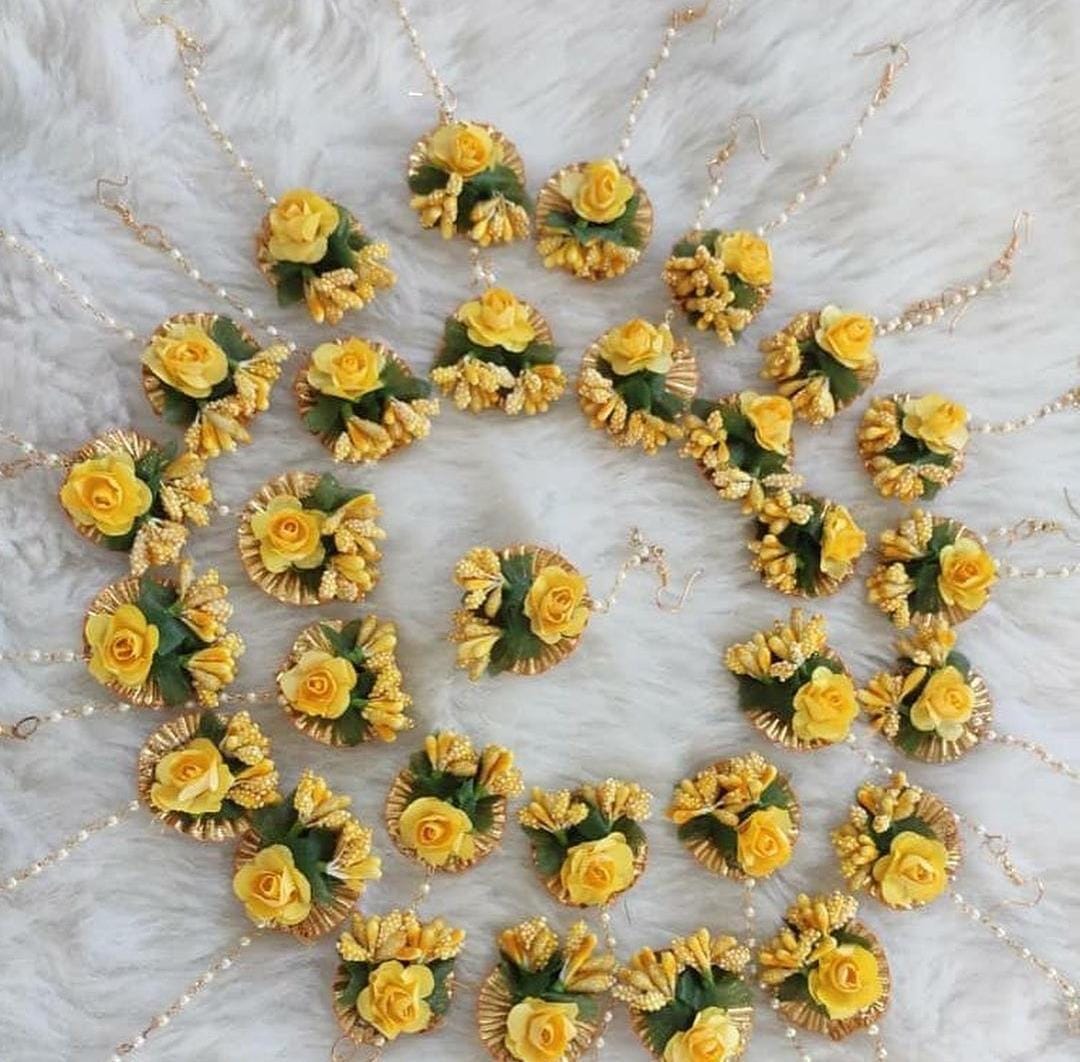 LAMANSH Floral 🌺 Giveaways Yellow / Set of 20 Maangtika's LAMANSH® (Set of 20) Artificial Flower Maangtika's / Bridesmaid Giveaways set