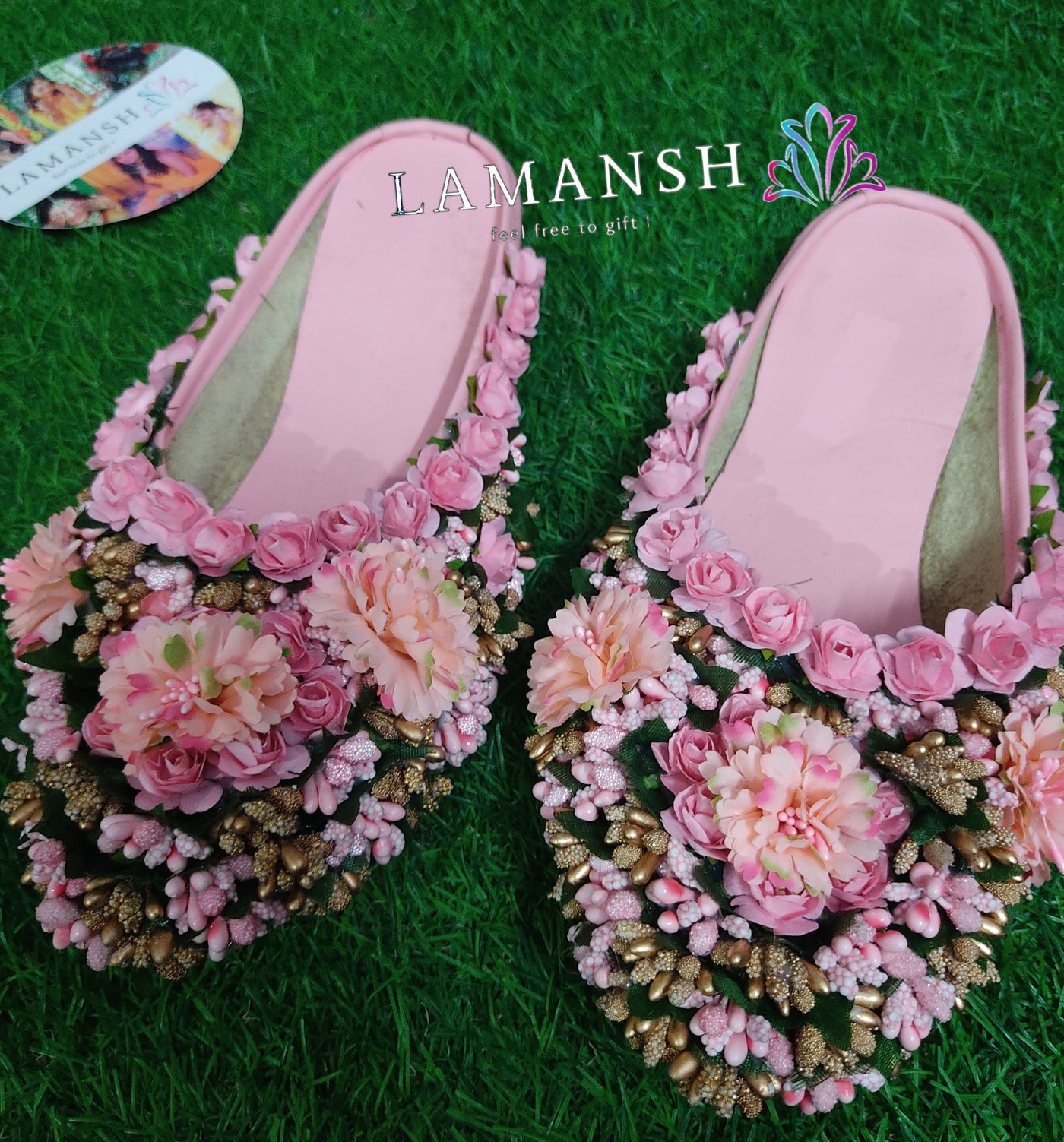 LAMANSH floral juti slippers Peach & Gold LAMANSH® Floral 🌸 juttis slippers for Haldi & Mehendi ceremony / Artificial Flower juttis for bride