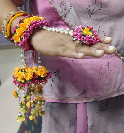Lamansh Floral 🌺 Kalire 2 Hathphool with Kalira Set / Orange-Pink LAMANSH® Special Floral Kaleere Set 🌺 with Hand Bracelets / Kalire set