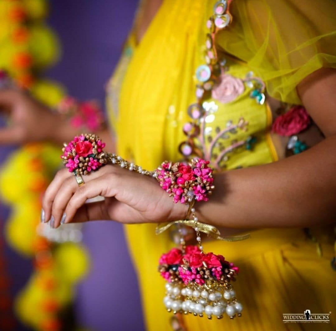 Lamansh Floral 🌺 Kalire Pair of Floral 🌺 Kalire with Bracelets for Both Hands / Pink-Gold LAMANSH® Special Floral Kaleere Set 🌺 with Hand Bracelets / Kalire set