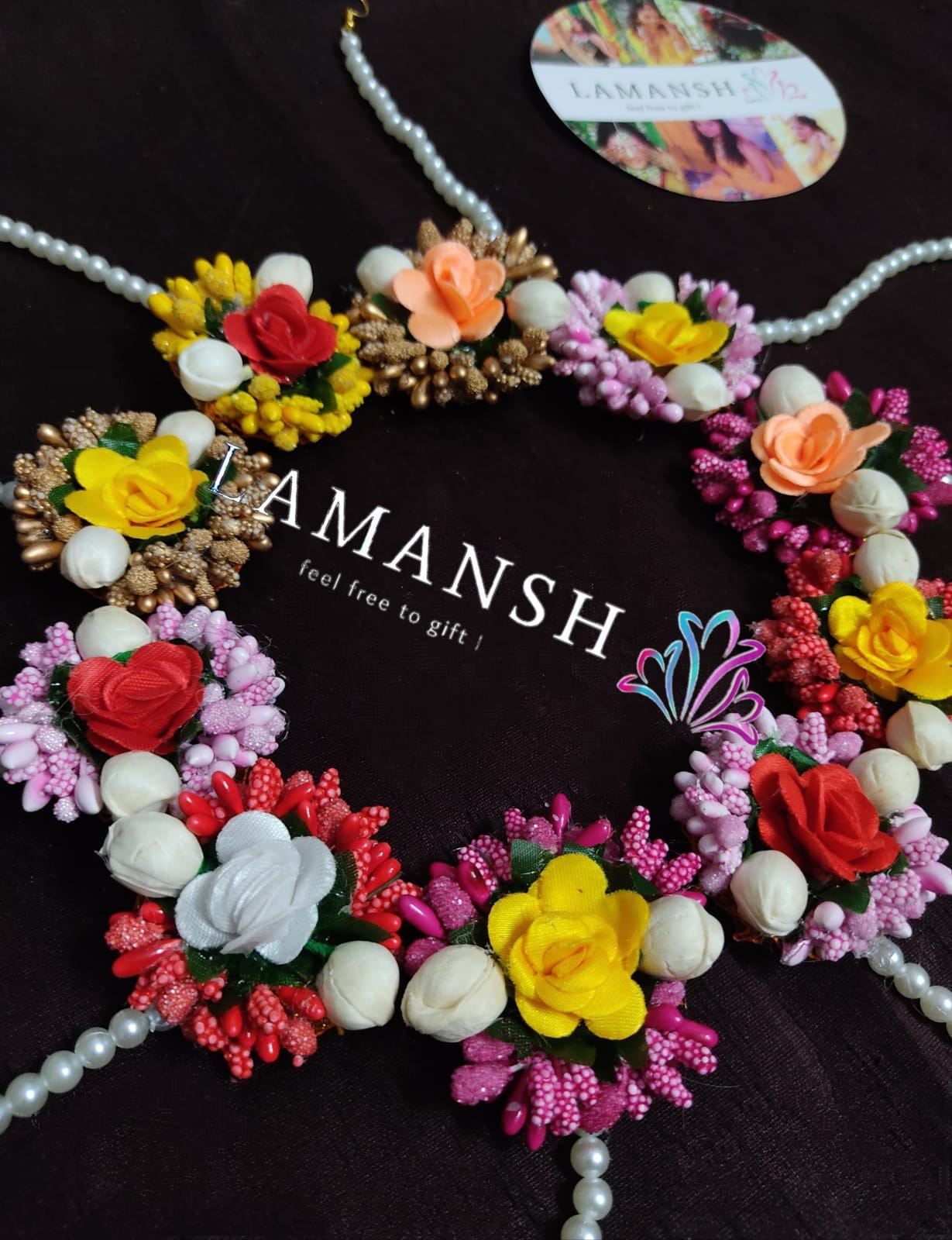 LAMANSH Floral 🌺 maangtika Assorted colors / Set of 10 Maangtika's LAMANSH® ( Set of 10) Artificial Fabric Flower Mogra Maangtika's set