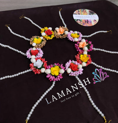 LAMANSH Floral 🌺 maangtika Assorted colors / Set of 10 Maangtika's LAMANSH® ( Set of 10) Artificial Fabric Flower Mogra Maangtika's set