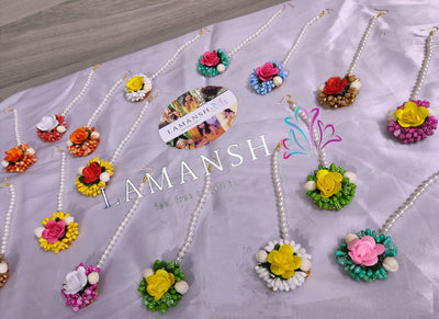 LAMANSH Floral 🌺 maangtika Assorted colors / Set of 50 Maangtika's LAMANSH® ( Set of 50) at just 25 each / Artificial 🌺 Flower Mogra Maangtika's set