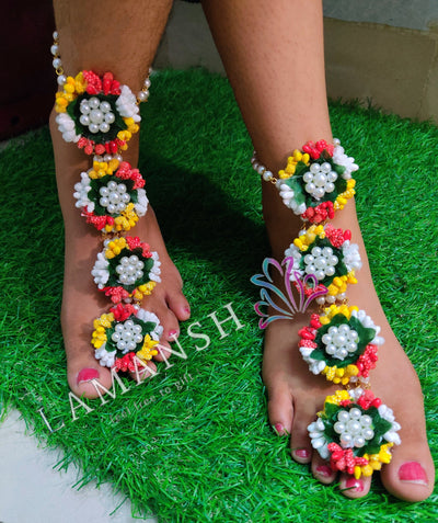 LAMANSH Floral Payal Set Red - White - Yellow - Green / Artificial Flowers / 2 LAMANSH® (Set of 2) 🌺Floral Anklets attached to toe (Payal) Set / Anklets for Mehendi & Haldi Ceremony / Bridal Accessories set