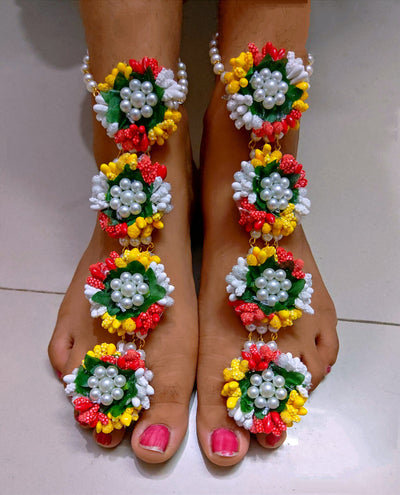 LAMANSH Floral Payal Set Red - White - Yellow - Green / Artificial Flowers / 2 LAMANSH® (Set of 2) 🌺Floral Anklets attached to toe (Payal) Set / Anklets for Mehendi & Haldi Ceremony / Bridal Accessories set