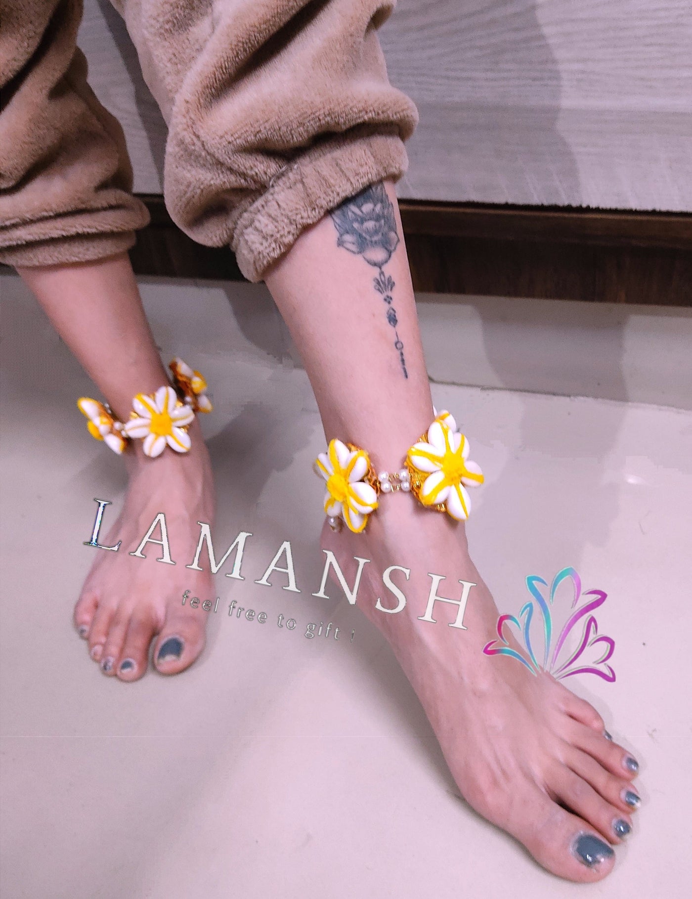 Lamansh Floral Payal Set Yellow White / Standard / All occassions LAMANSH® Set of 2 🐚 Shell X Wool StarFish Style Anklets Payal set for Haldi & Mehendi