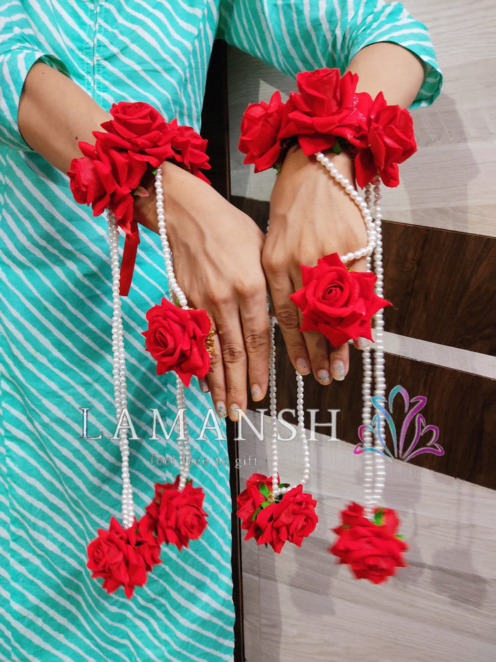 LAMANSH Bridal Red Rose Floral jewellery set with kalire for Engage Lamansh