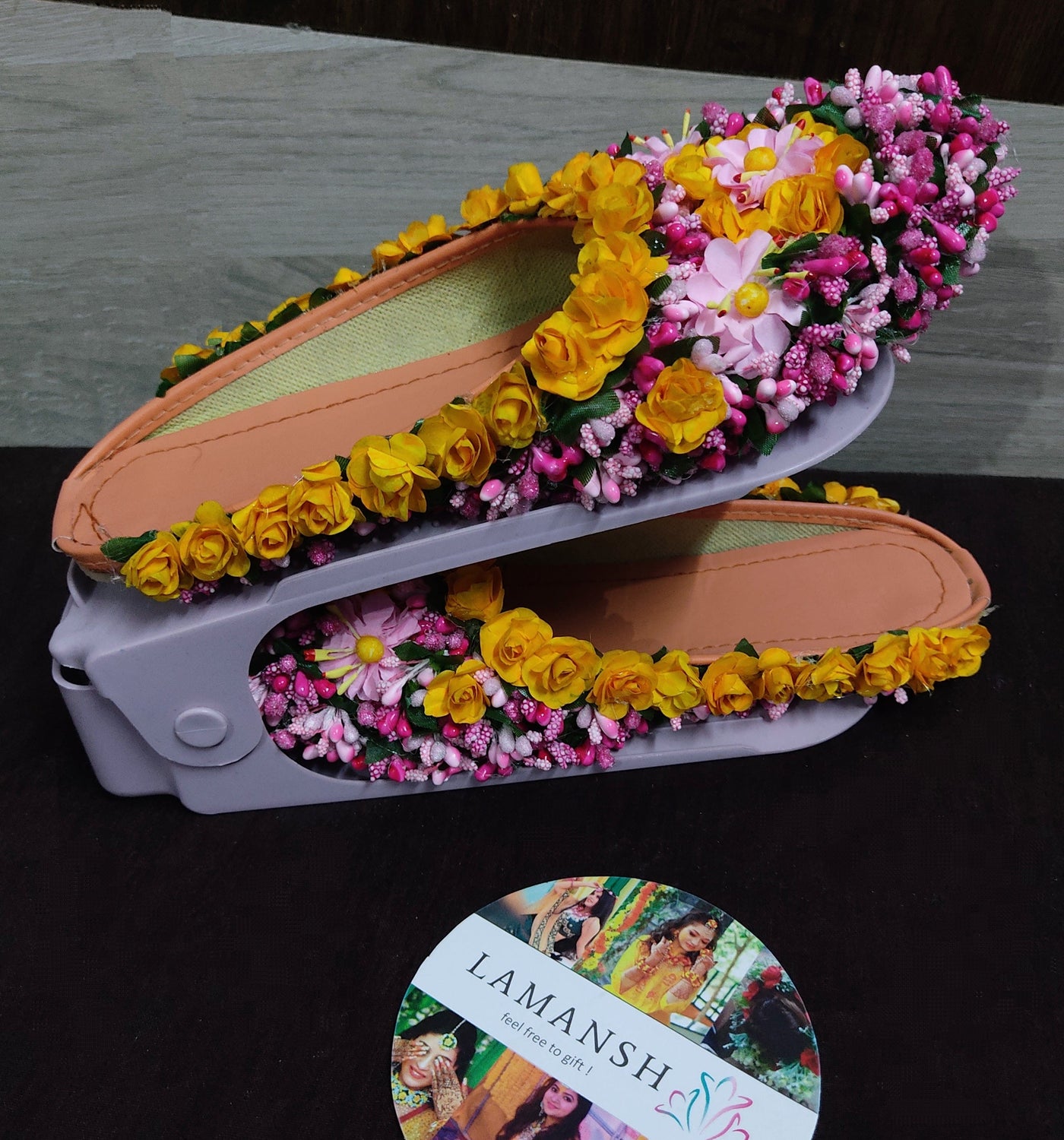 LAMANSH floral set with slippers Yellow Pink LAMANSH® 🌺 Dry Flower Jewellery Set with Floral Footwear / Haldi Floral Jewelry set with slippers