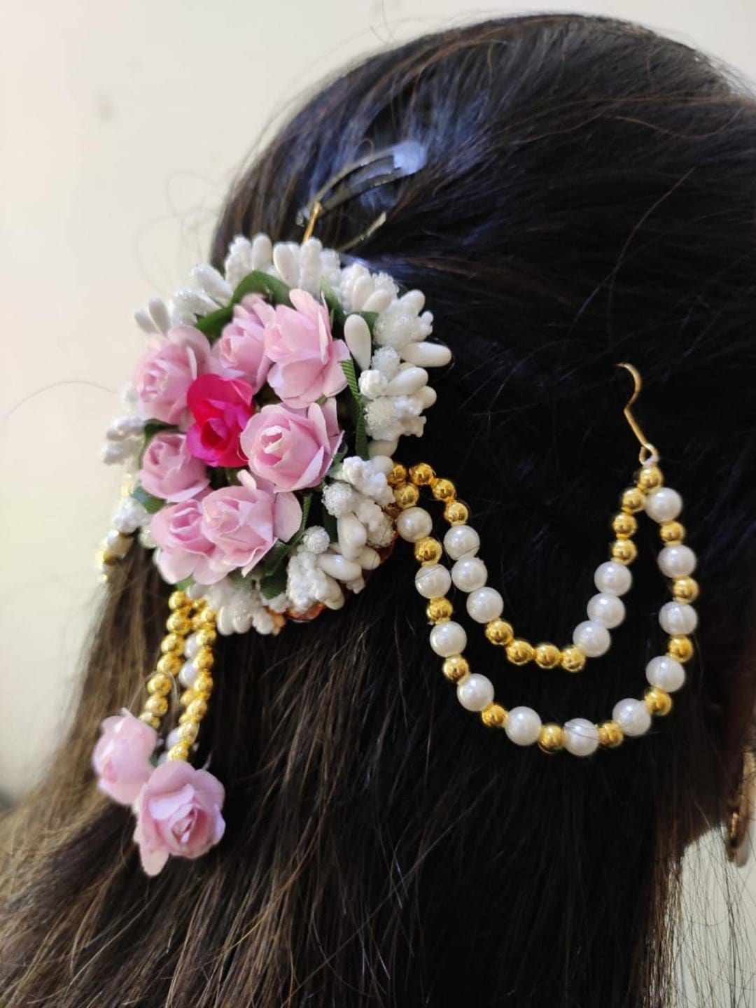 Lamansh Flower Hair Bun Pink-White / Artificial flowers / Haldi ,Wedding,Engagement,Ladies Sangeet Lamansh™ Floral Hair Bun Juda for Women & Girls / Bridal Makeup Bun / For Wedding / Flower 🌺 Bun set