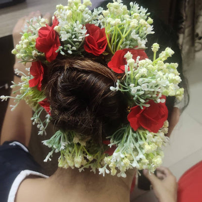 Lamansh Flower Hair Bun Red - White / Artificial flowers / Haldi ,Wedding,Engagement,Ladies Sangeet Lamansh™ Gorgeous 😘 Look Floral 🌺 Hair Bun Juda for Women & Girls / Bridal Makeup Bun / For Wedding / Flower 🌺 Bun set
