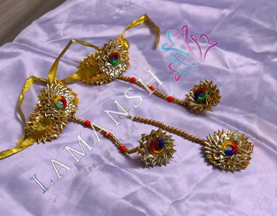 Lamansh Flower 🌺 Jewellery 1 Maangtika & 2 Bracelets attached with ring / Gold-Yellow LAMANSH® Gota Patti Flower Jewellery Set For Women & Girls / Haldi Set