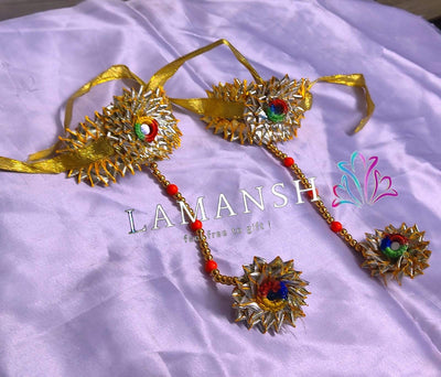 Lamansh Flower 🌺 Jewellery 1 Maangtika & 2 Bracelets attached with ring / Gold-Yellow LAMANSH® Gota Patti Flower Jewellery Set For Women & Girls / Haldi Set