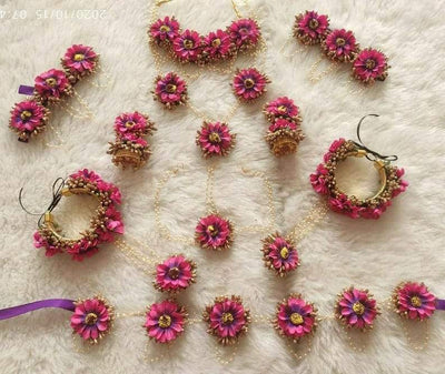 Lamansh Flower🌺🌻🌹🌷 jewellery 1 Necklace, 1 Choker, 1 Kamarbandh, 2 Earrings ,1 Maangtika With Side Chain , 2 Bracelets attached to Ring & 2 Bajubandh set / Pink LAMANSH® Handmade Baby Shower Flower Jewellery Set For Women & Girls / Perfect for Gobharai / Baby Shower / Dohale Jevan / Floral set