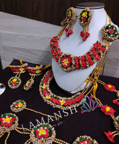 Lamansh Flower Jewellery 1 Necklace, 1 Choker, 2 Armlets Bajuband , 2 Earrings , 1 Maangtika, 1 Kamarband & 2 Bracelets attached to Ring / Red Yellow LAMANSH® Bridal Artificial Flower 🌺 Jewellery Set for Baby Shower / Artificial Floral Jewellery set for Dohale Jevan Function