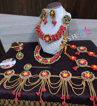 Lamansh Flower Jewellery 1 Necklace, 1 Choker, 2 Armlets Bajuband , 2 Earrings , 1 Maangtika, 1 Kamarband & 2 Bracelets attached to Ring / Red Yellow LAMANSH® Bridal Artificial Flower 🌺 Jewellery Set for Baby Shower / Artificial Floral Jewellery set for Dohale Jevan Function