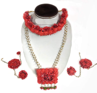 Lamansh Flower 🌺 Jewellery 1 Necklace, 1 Choker & 2 Bracelets Attached with Ring set / Red LAMANSH® Handmade Flower Jewellery Set For Women & Girls / Haldi Set