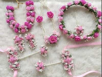 Lamansh Flower Jewellery 1 Necklace, 1 Choker, 2 Earrings, 1 Maangtika, 1 Tiara & 2 Bracelets Attached With ring Set / Pink LAMANSH® Special Haldi Mehendi 🌺 Jewellery Set