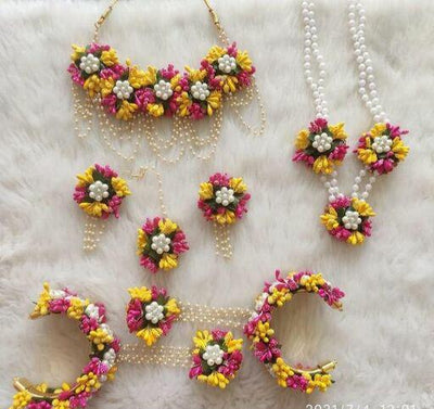 Lamansh Flower 🌺 Jewellery 1 Necklace,1 Choker, 2 Earrings ,1 Maangtika , 2 Bracelet Attached with ring  set / Yellow-Pink LAMANSH® Handmade Flower Jewellery Set For Women & Girls / Haldi Set