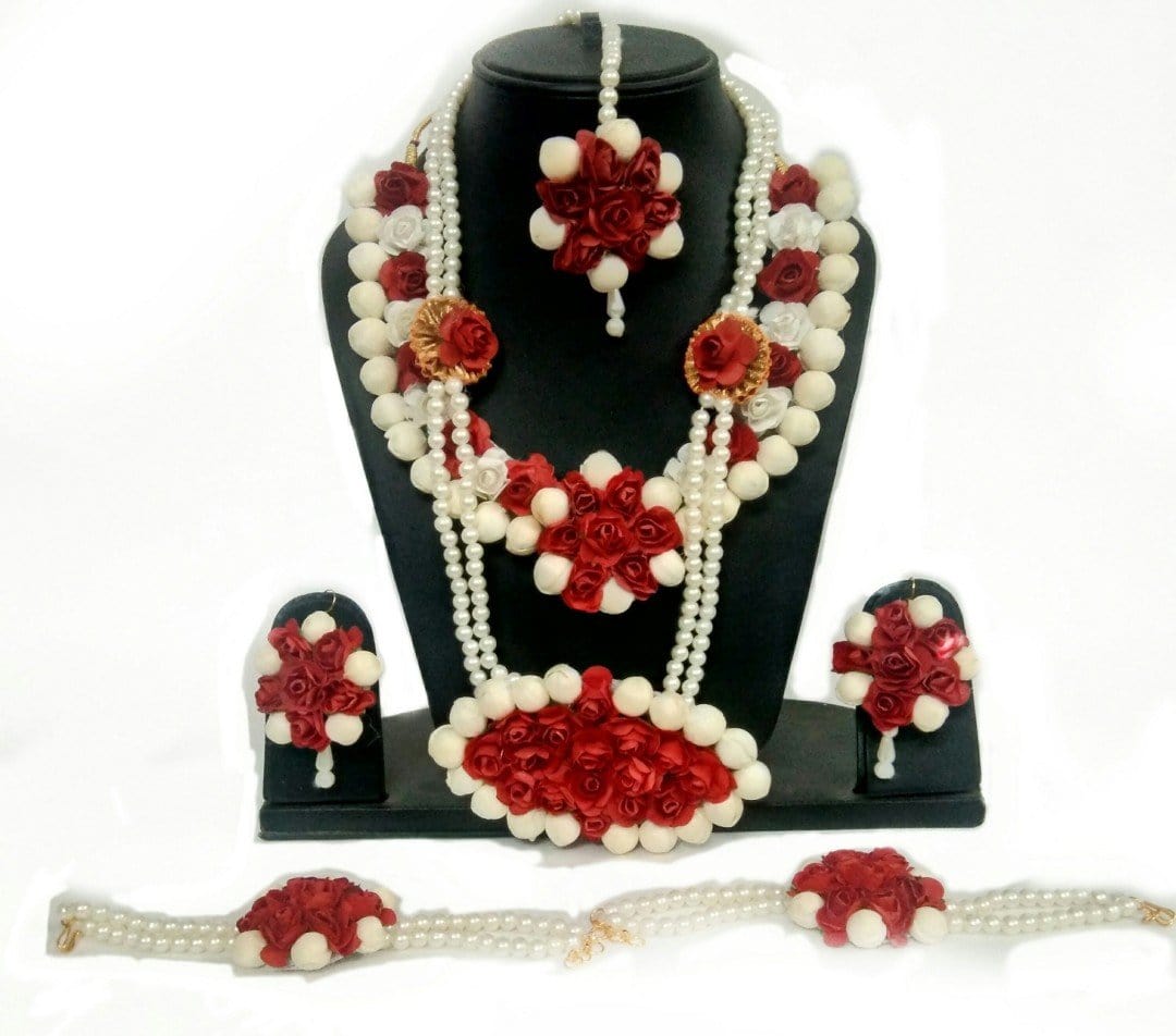 Lamansh Flower🌺🌻🌹🌷 jewellery 1 Necklace, 1 Choker, 2 Earrings,1 Maangtika & 2 Bracelet set / Red-White LAMANSH® Handmade Flower Jewellery Set For Women & Girls / Haldi Set