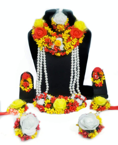 Lamansh Flower 🌺 Jewellery 1 Necklace,1 Choker, 2 Earrings ,1 Maangtika & 2 Bracelet set / Yellow-Red LAMANSH® Handmade Flower Jewellery Set For Women & Girls / Haldi Set