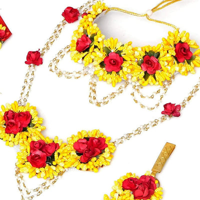 Lamansh Flower Jewellery 1 Necklace, 1 Choker, 2 Earrings, 1 Maangtika , 2 Bracelets attached to ring, 2 Payal & 1 Satka / Red-Yellow LAMANSH® Special Floral 🌺 Jewellery Set