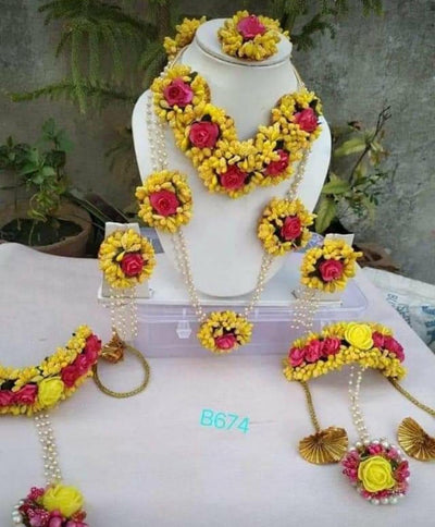 Lamansh Flower Jewellery 1 Necklace, 1 choker, 2 Earrings, 1 Maangtika & 2 Bracelets attached to ring.  / Yellow-pink LAMANSH® Special Floral🌺 Jewellery Set