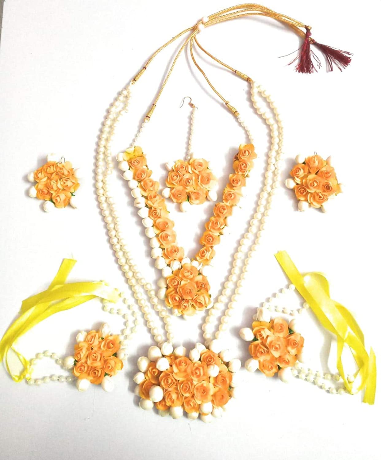 Lamansh Flower 🌺 Jewellery 1 Necklace, 1 Choker, 2 Earrings ,1 Maangtika & 2 Bracelets attached with ring set / Orange white LAMANSH® Handmade Flower Jewellery Set For Women & Girls / Haldi Set