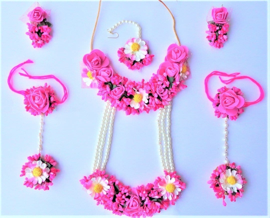 Lamansh Flower 🌺 Jewellery 1 Necklace, 1 Choker, 2 Earrings, 1 Maangtika & 2 Bracelets attached with ring set / Pink-Yellow LAMANSH® Handmade Flower Jewellery Set For Women & Girls / Haldi Set