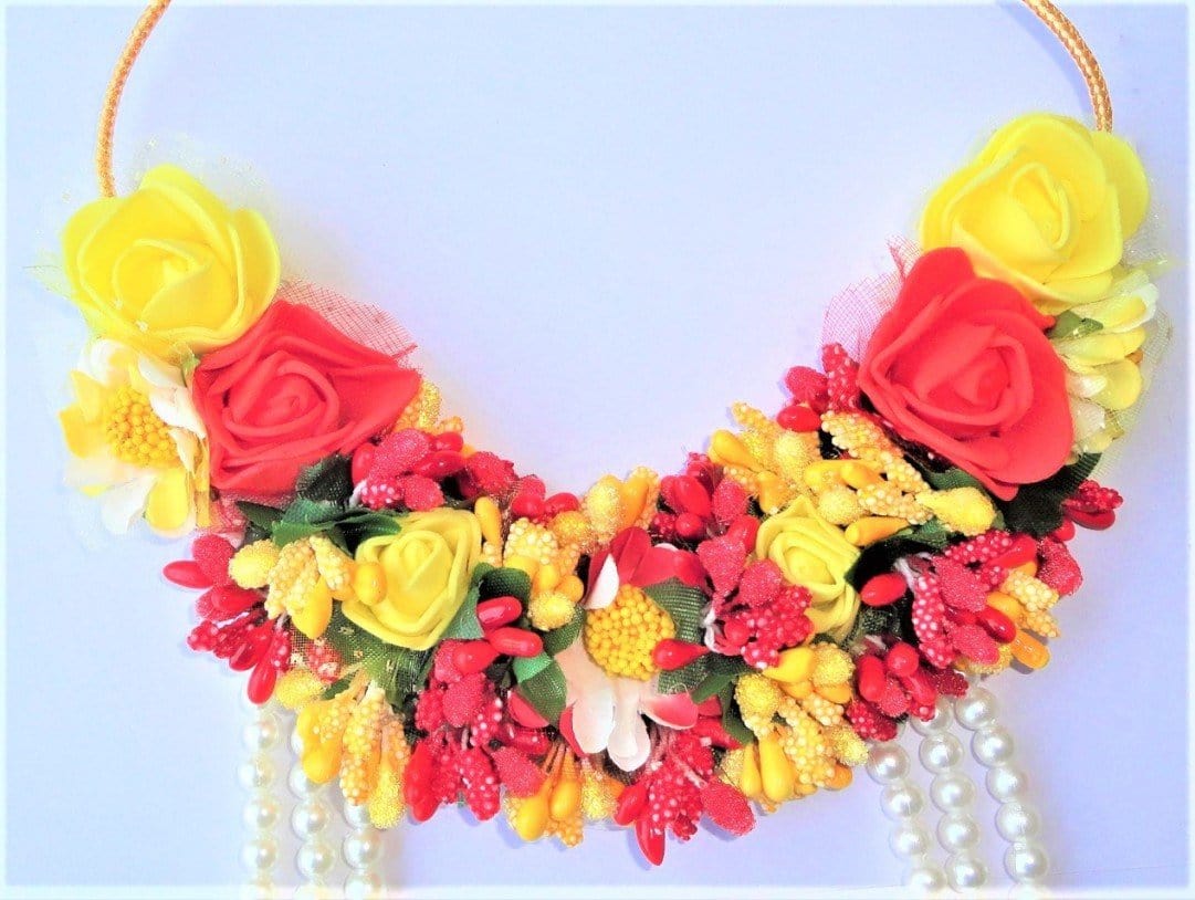 Lamansh Flower 🌺 Jewellery 1 Necklace, 1 Choker, 2 Earrings, 1 Maangtika & 2 Bracelets attached with ring set / Red-Yellow LAMANSH® Handmade Flower Jewellery Set For Women & Girls / Haldi Set