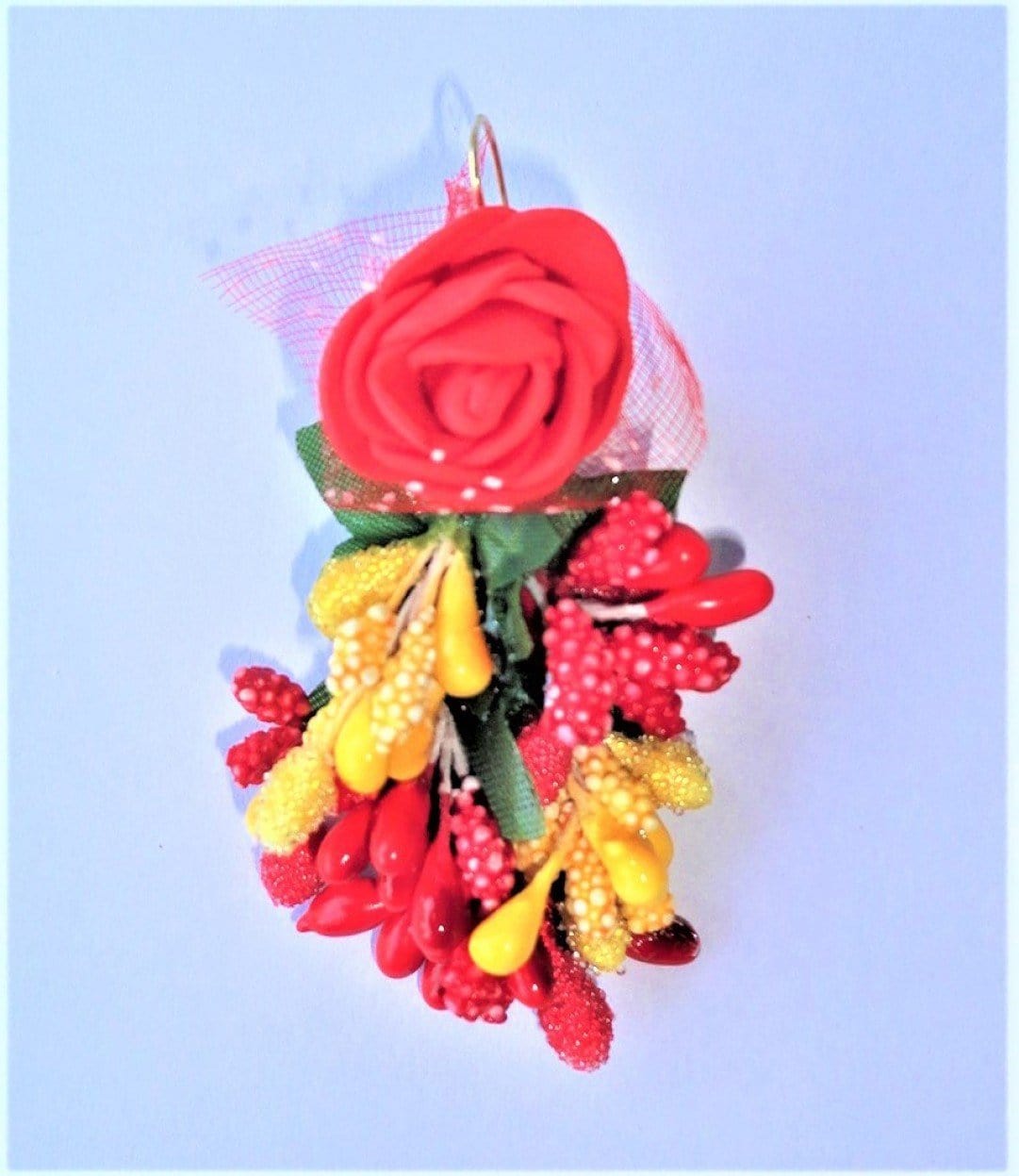 Lamansh Flower 🌺 Jewellery 1 Necklace, 1 Choker, 2 Earrings, 1 Maangtika & 2 Bracelets attached with ring set / Red-Yellow LAMANSH® Handmade Flower Jewellery Set For Women & Girls / Haldi Set