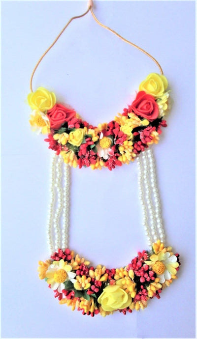 Lamansh Flower 🌺 Jewellery 1 Necklace, 1 Choker, 2 Earrings, 1 Maangtika & 2 Bracelets attached with ring set / Red-Yellow LAMANSH® Handmade Flower Jewellery Set For Women & Girls / Haldi Set