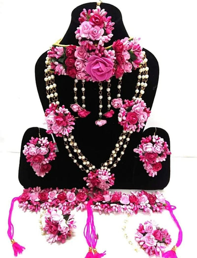 Lamansh Flower🌺🌻🌹🌷 jewellery 1 Necklace, 1 Choker, 2 Earrings, 1 Maangtika & 2 Bracelets attached with rings set / Pink LAMANSH® Handmade Flower Jewellery Set For Women & Girls / Haldi Set