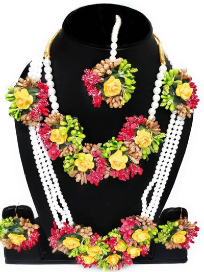 Lamansh Flower🌺🌻🌹🌷 jewellery 1 Necklace, 1 choker, 2 Earrings, 1 Maangtika / Multicolour LAMANSH® Handmade Flower Jewellery Set For Women & Girls / Multi Layered Necklace Haldi Set