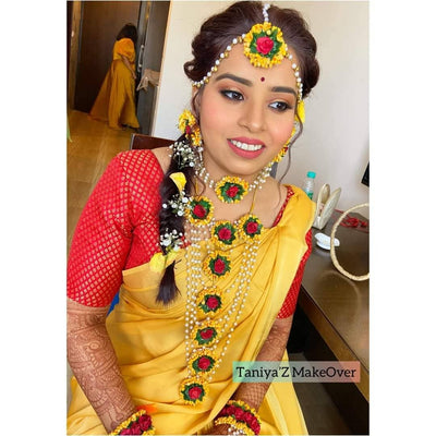 Lamansh Flower🌺🌻🌹🌷 jewellery 1 Necklace, 1 Choker, 2 Earrings, 1 Maangtika with side chain & 2 Bracelets attached with rings set / Yellow-Red LAMANSH® Layered Flower Jewellery Set For Women & Girls / Multi Layered Necklace for Mehendi Haldi ceremony /Artificial floral set