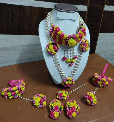 Lamansh Flower Jewellery 1 Necklace, 1 Choker , 2 Earrings, 2 Bracelet attached to ring & 1 Maangtika / Pink-Yellow LAMANSH® Featured Flower Haldi 🌺 Jewellery Set