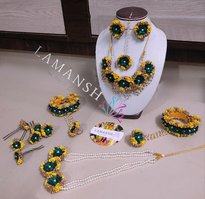 Lamansh Flower Jewellery 1 Necklace , 1 Choker , 2 Earrings , 2 Hathphools , 5 Hair clips & 1 Maangtika / Yellow Green Golden LAMANSH® Artificial Flower Jewellery set for Haldi 💛 ceremony