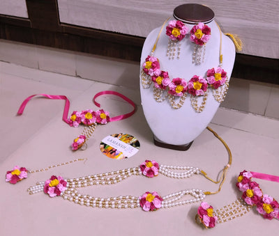 Lamansh Flower Jewellery 1 Necklace, 1 Choker, Earrings, 2 Bracelets attached to ring & 1 Maangtika / Baby Pink - Hot Pink - Yellow LAMANSH® Bridal Floral Haldi 🌺 Jewellery Set with Matching Necklace / Artificial Flower Jewellery for Mehendi