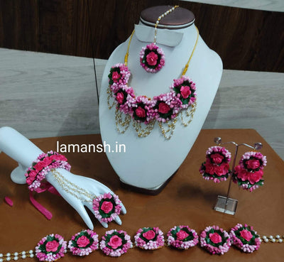 Lamansh Flower🌺🌻🌹🌷 jewellery 1 Necklace, 1 Kamarband ,2 Earrings ,1 Maangtika & 2 Bracelet attached to Ring set / Pink LAMANSH® Handmade Flower Jewellery Set For Women & Girls / Haldi Set