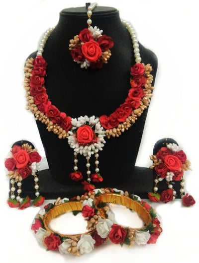 Lamansh Flower jewellery 1 Necklace,1 Maangtika, 2 Earrings & 2 Bangles set / Red-Gold LAMANSH® Special Haldi 🌺 Jewellery Set