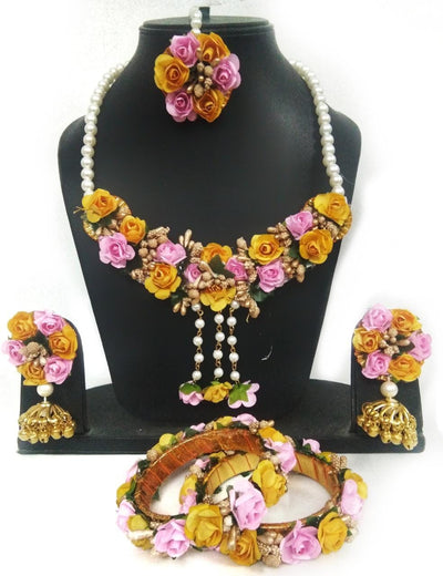 Lamansh Flower jewellery 1 Necklace,1 Maangtika, 2 Earrings & 2 Bangles set / Yellow-Pink LAMANSH® Special Haldi 🌺 Jewellery Set