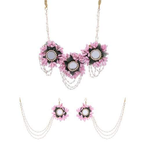 Lamansh Flower 🌺 Jewellery 1 Necklace, 1 Maangtika & 2 Earrings with side chain / pink LAMANSH® Handmade Flower Jewellery Set For Women & Girls / Haldi Set