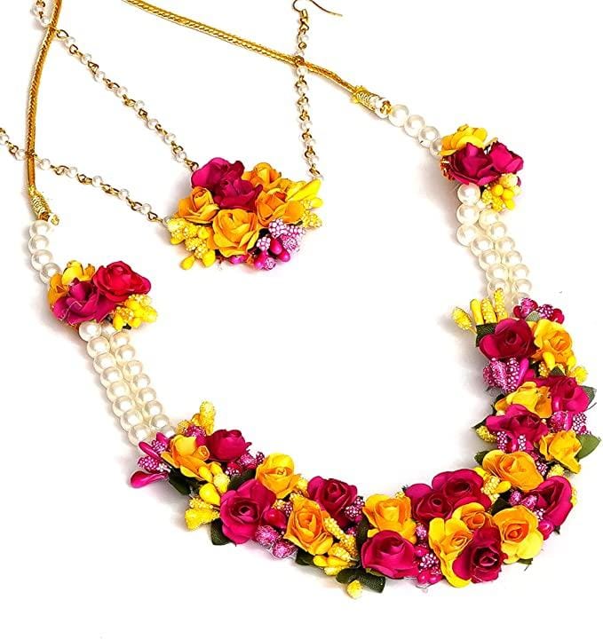 Lamansh Flower 🌺 Jewellery 1 Necklace,1 Nath, 1 Maangtika with side chain, 2 Earrings & 2 Bracelets Attached with ring / Yellow-Pink LAMANSH® Flower 🌺 Jewellery Set