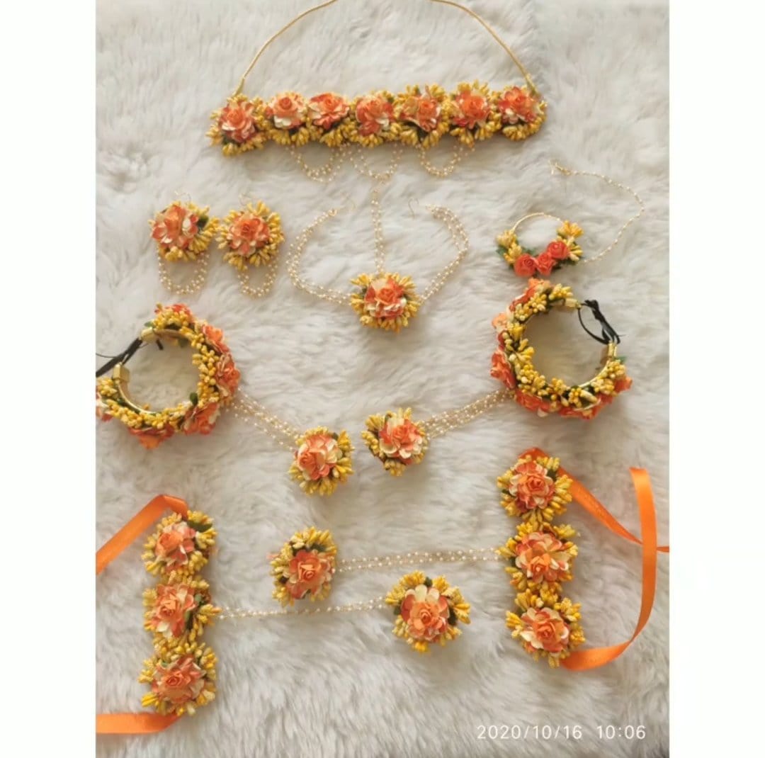 Lamansh Flower 🌺 Jewellery 1 Necklace,1 Nath,2 Earrings ,1 Maangtika , 2 Anklets & 2 hathphool / Orange LAMANSH® Handmade Flower Jewellery Set For Women & Girls / Haldi Set