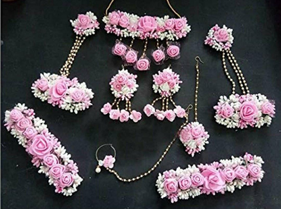 Lamansh Flower 🌺 Jewellery 1 Necklace,1 Nath, 2 Earrings ,1 Maangtika, 2 Bajuband & 2 Bracelets Attached with Ring set / Pink-white LAMANSH® Handmade Flower Jewellery Set For Women & Girls / Haldi Set