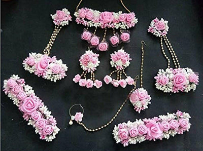 Lamansh Flower 🌺 Jewellery 1 Necklace,1 Nath, 2 Earrings ,1 Maangtika, 2 Bajuband & 2 Bracelets Attached with Ring set / Pink-white LAMANSH® Handmade Flower Jewellery Set For Women & Girls / Haldi Set