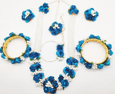 Lamansh Flower 🌺 Jewellery 1 Necklace,1 Nath, 2 Earrings,1 Maangtika & 2 Bangles set / Blue-White LAMANSH® Handmade Flower Jewellery Set For Women & Girls / Haldi Set
