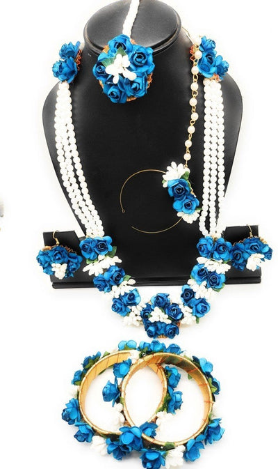 Lamansh Flower 🌺 Jewellery 1 Necklace,1 Nath, 2 Earrings,1 Maangtika & 2 Bangles set / Blue-White LAMANSH® Handmade Flower Jewellery Set For Women & Girls / Haldi Set