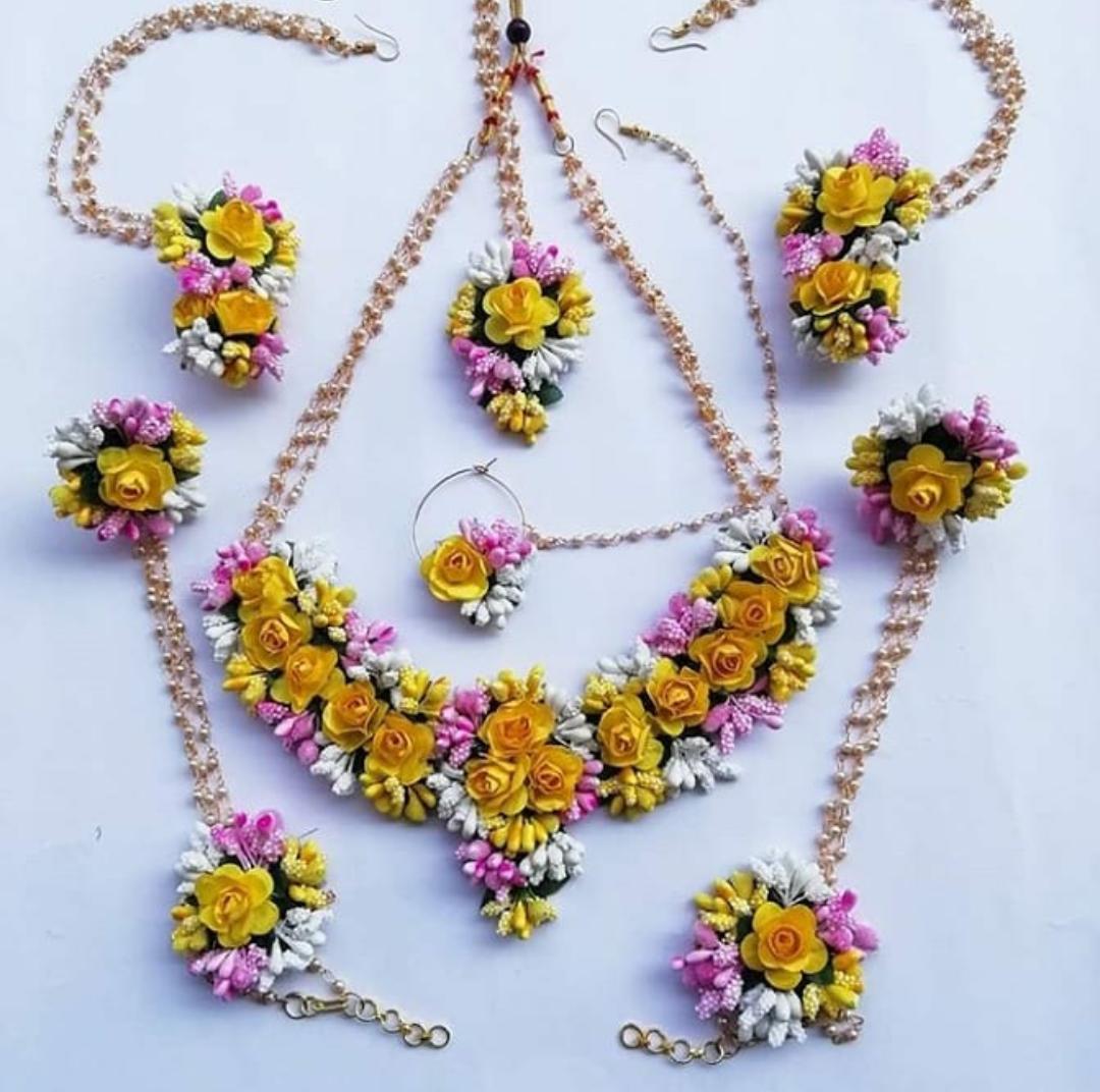 Lamansh Flower 🌺 Jewellery 1 Necklace,1 Nath,2 Earrings ,1 Maangtika & 2 Bracelet Attached with ring / Yellow-pink-White LAMANSH® Handmade Flower Jewellery Set For Women & Girls / Haldi Set