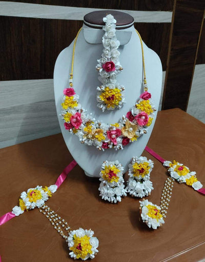 Lamansh Flower 🌺 Jewellery 1 Necklace,1 Nath, 2 Earrings ,1 Maangtika & 2 Bracelets Attached with Ring set / Pink-Yellow-white LAMANSH® Handmade Flower Jewellery Set For Women & Girls / Haldi Set